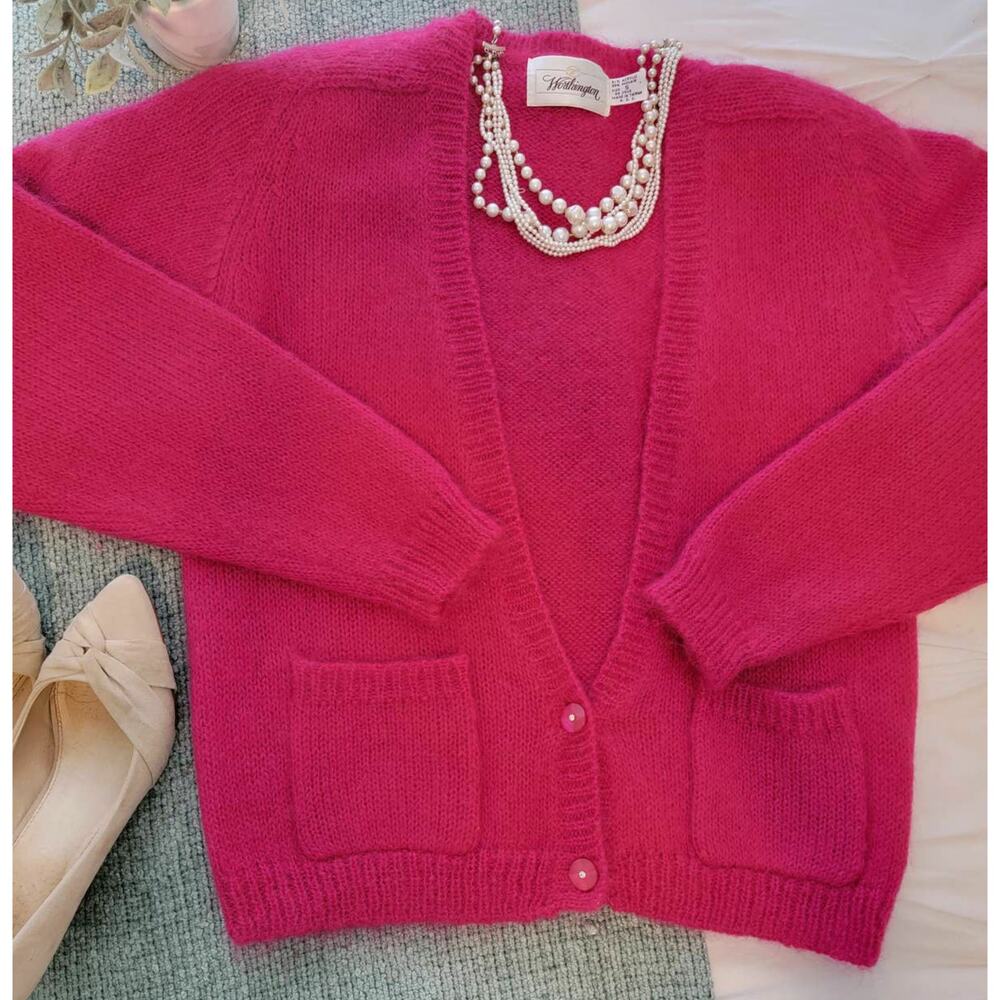 NWT Vintage 80s Cropped Mohair Fuchsia Pink Sweater Cardigan Shoulder pads S M